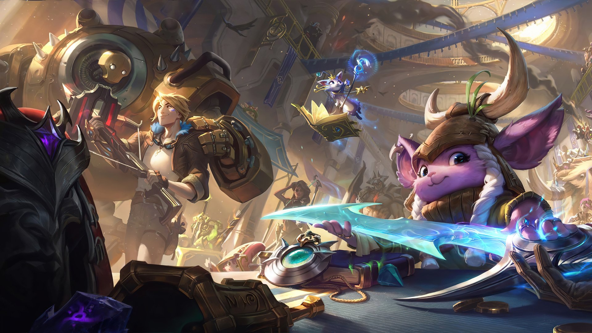 4K Ultra HD League of Legends wallpaper featuring champions Aatrox, Yuumi, Lulu, Blitzcrank, Ezreal, and Samira in a dynamic, detailed fantasy setting.