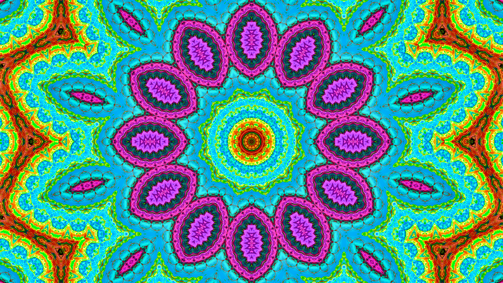 Colorful abstract kaleidoscope with concentric floral mandala in vivid pink, turquoise, yellow and orange — HD PC desktop wallpaper/background.
