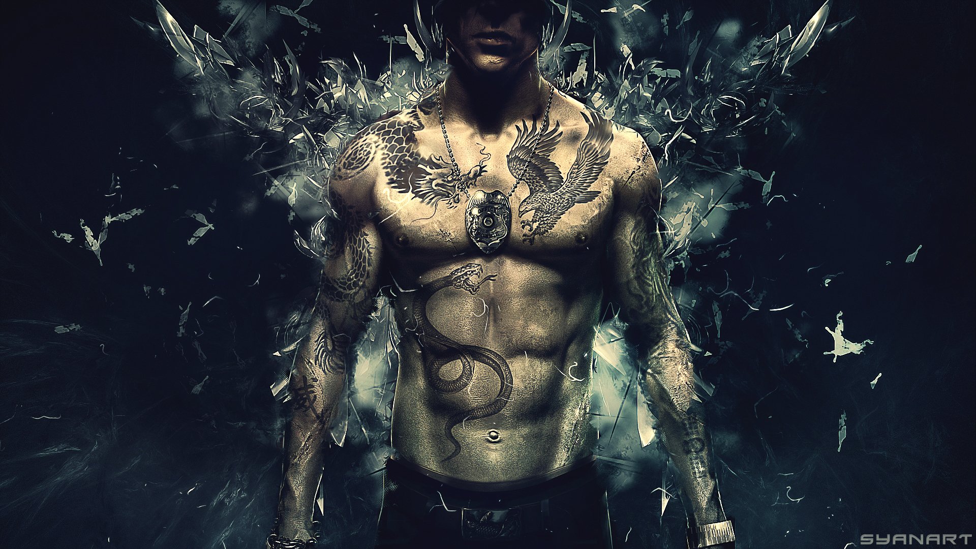HD desktop wallpaper featuring a muscular, tattooed character from the video game Sleeping Dogs, with a dark, dramatic background and detailed body art.