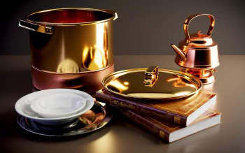HD PC desktop wallpaper background: photographic still life of polished copper kitchenware — pot, kettle and lid — arranged on stacked books with plates.