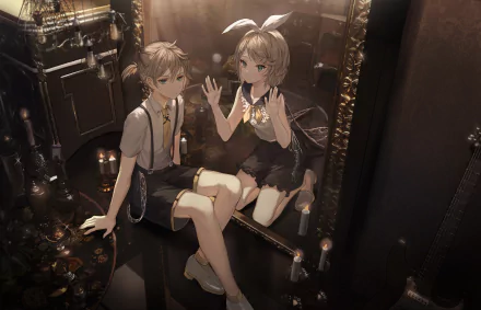 Len and Rin Kagamine (Vocaloid) sit in a dim, ornate room surrounded by candles, anime 4K Ultra HD PC desktop wallpaper