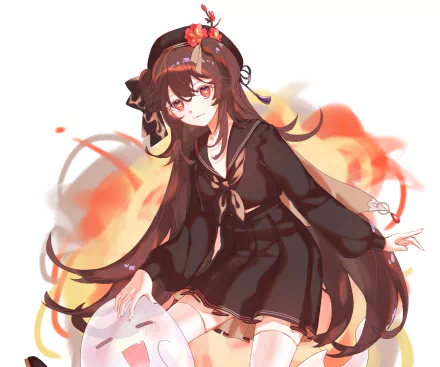 Hu Tao (Genshin Impact) portrait from the video game, stylized art of her in a black outfit with flowing hair and orange flame accents — 2K Quad HD PC desktop wallpaper/background.