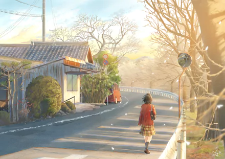 A 4K Ultra HD anime-style wallpaper featuring a girl walking along a quiet street lined with trees and traditional houses bathed in warm, golden light.