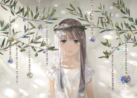 HD anime girl with long hair stands against a soft, nature-inspired background adorned with hanging crystals and olive branches, creating a serene desktop wallpaper.