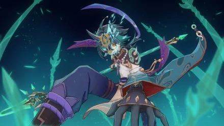 A vibrant HD desktop wallpaper featuring Xiao from Genshin Impact, with green and black hair, yellow eyes, wielding a spear, set against a dynamic, glowing background.