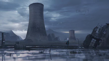 A post-apocalyptic anime scene depicting a lone figure in a desolate landscape with towering cooling towers and remnants of civilization, captured in stunning 8K Ultra HD quality.