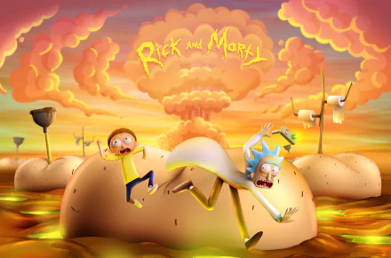 Rick and Morty TV show wallpaper: Rick Sanchez and Morty Smith burst from giant eggs in a surreal orange-sky landscape — 5K Ultra HD PC desktop wallpaper/background.