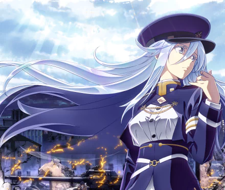 HD desktop wallpaper featuring Vladilena Milizé from the anime Eighty Six, set against a dramatic backdrop with flowing silver hair and a detailed military uniform.
