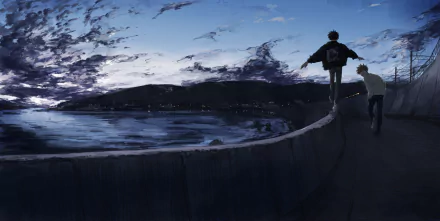 Two friends walk along a coastal path at dusk, with a vibrant sky and ocean view in this captivating anime-style 4K Ultra HD wallpaper.