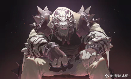 Mountain (Arknights) — hulking tiger-headed warrior in spiked armor, seated with clenched fists; dark, gritty 2K Quad HD video game desktop wallpaper/background.