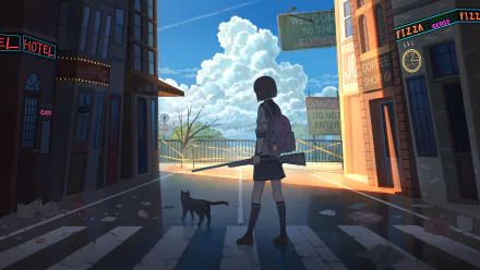 Anime girl in a uniform holding a gun, standing on an empty street with a cat, under a bright blue sky with fluffy clouds. HD desktop wallpaper and background.