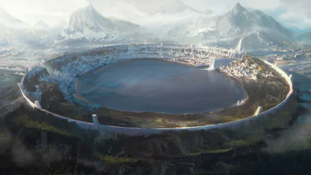 HD desktop wallpaper of a fantasy city within circular walls surrounded by mountains and mist.