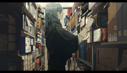 Anime character Mahito from Jujutsu Kaisen with blue hair, standing in a packed library, reaching for a book. HD desktop wallpaper and background.