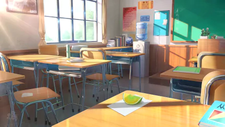 Bright anime-style classroom with wooden chairs and desks, sunlight streaming through large windows; a 4K Ultra HD PC desktop wallpaper capturing a peaceful anime room.