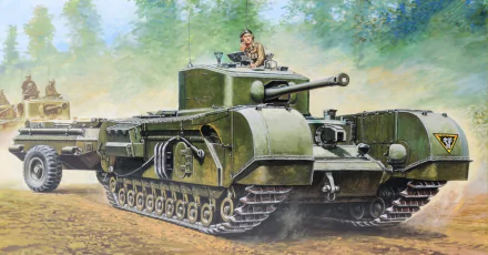 HD PC desktop wallpaper showing a Churchill military tank in olive drab advancing on a dirt road, crewman visible in the open hatch.