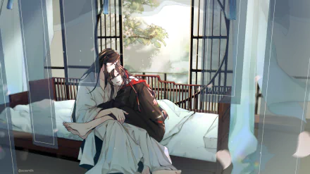 2K Quad HD PC wallpaper of Lan Wangji and Wei Wuxian (Mo Dao Zu Shi): Lan cradles Wei on a bed by an open lattice window, bathed in soft sunlight, serene anime mood.