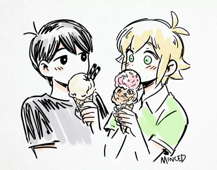 green eyes OMORI black hair blonde ice cream Basil (Omori) Sunny (Omori) video game HD Desktop Wallpaper | Background Image
