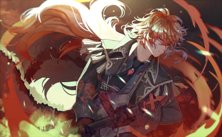 HD PC desktop wallpaper: Diluc (Genshin Impact), from the video game Genshin Impact — red‑haired swordsman in a dark coat and flowing cloak, gripping his sword amid swirling flames.