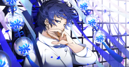 Anime character Yuta Okkotsu from Jujutsu Kaisen with blue hair and blue eyes, wearing a school uniform, in a vibrant 4K Ultra HD PC desktop wallpaper.