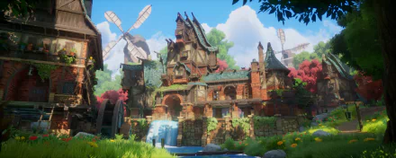 HD PC desktop wallpaper featuring a vibrant fantasy building with windmills, surrounded by lush greenery and colorful trees under a bright blue sky.