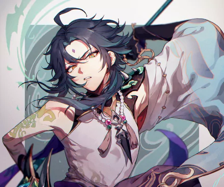 HD PC desktop wallpaper featuring Xiao from the video game Genshin Impact in dynamic, detailed artwork with flowing dark hair and signature attire.