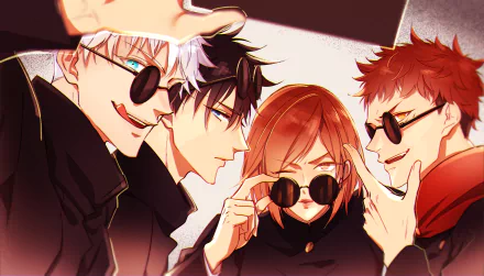 A vibrant HD image featuring anime characters from Jujutsu Kaisen: Satoru Gojo with white hair and blue eyes, Megumi Fushiguro with black hair, Nobara Kugisaki with glasses, and Yuji Itadori with orange eyes.