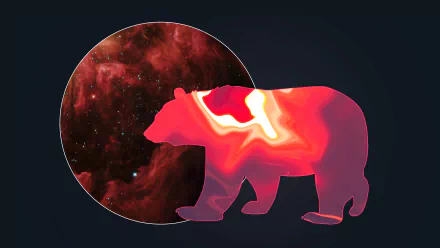 Bear silhouette filled with red-pink cosmic nebula overlapping a dark planet — space-themed 4K Ultra HD PC desktop wallpaper.