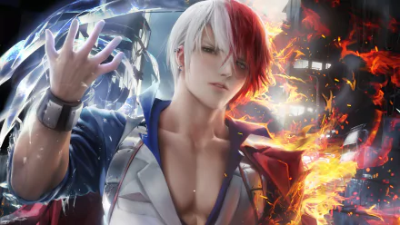Shoto Todoroki, anime hero with white-and-red two-toned hair, conjuring ice and fire in a dramatic 4K Ultra HD My Hero Academia PC desktop wallpaper.