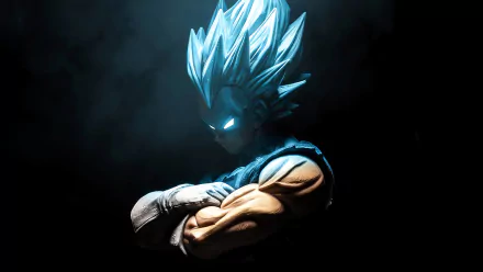 Vegeta from Dragon Ball Super stands confidently with crossed arms, showcasing his iconic blue hair and intense expression against a dramatic dark background. 4K Ultra HD wallpaper.