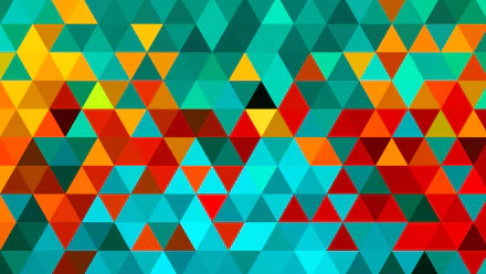 HD PC desktop wallpaper: abstract low-poly triangle mosaic of teal, turquoise, orange, red and yellow geometric shapes.