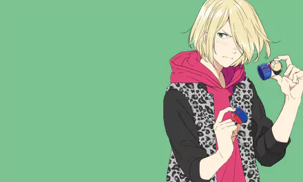 Yuri Plisetsky from Yuri!!! on ICE in a red hoodie and leopard-print vest, holding small colorful balls against a mint-green field — 2K Quad HD PC desktop wallpaper