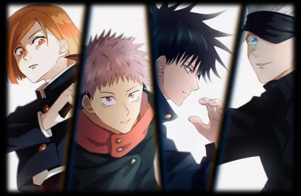 HD anime desktop wallpaper featuring Jujutsu Kaisen characters Yuji Itadori, Nobara Kugisaki, Megumi Fushiguro, and blindfolded Satoru Gojo in school uniforms.