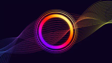 HD desktop wallpaper with an abstract design featuring a colorful gradient circle at the center and dynamic wave patterns in various colors on a dark background.