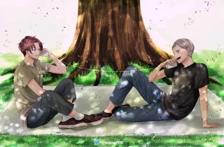 4K Ultra HD PC desktop wallpaper of two anime boys (boy, anime boy) lounging beneath a large tree on a sunlit, petal-dusted lawn, chatting in casual clothes with soft dappled light