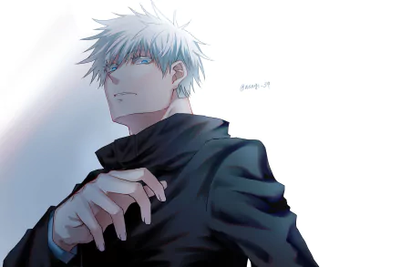 Anime wallpaper of Satoru Gojo from Jujutsu Kaisen: white hair, piercing blue eyes, wearing a dark school uniform and scarf — 2K Quad HD PC desktop background.