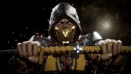HD PC desktop wallpaper featuring Scorpion from Mortal Kombat 11, gripping his iconic kunai amidst glowing embers in a dark, intense video game scene.