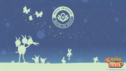 Silhouetted Grookey, Scorbunny, Sobble, Eevee, Pikachu, Dodrio and Vivillon against a starry blue sky — New Pokémon Snap video game 4K Ultra HD PC desktop wallpaper.