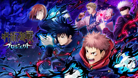 Anime Jujutsu Kaisen characters Yuji Itadori, Megumi Fushiguro, Nobara Kugisaki, Satoru Gojo, and Kento Nanami in school uniforms with dynamic energy effects, 4K Ultra HD wallpaper.