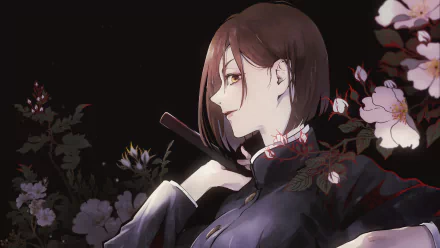 Anime-style 4K wallpaper of Nobara Kugisaki from Jujutsu Kaisen, featuring her in a school uniform with brown hair and brown eyes against a dark floral background.
