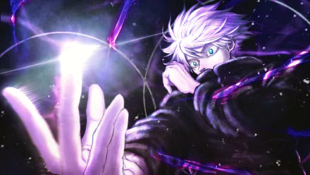 4K Ultra HD PC desktop wallpaper of Satoru Gojo (Anime, Jujutsu Kaisen): white hair, piercing blue eyes, school uniform, reaching through swirling purple energy.