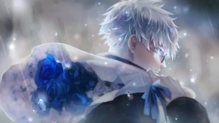 4K Ultra HD anime wallpaper of Satoru Gojo — white hair, blue eyes and glasses, rain-soaked cloak with blue roses against a moody rainy backdrop.