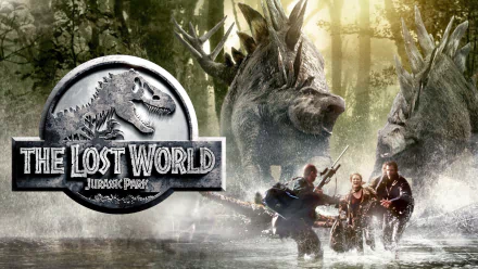 HD PC desktop wallpaper featuring a dramatic scene from The Lost World: Jurassic Park with characters facing charging dinosaurs in a misty forest setting.