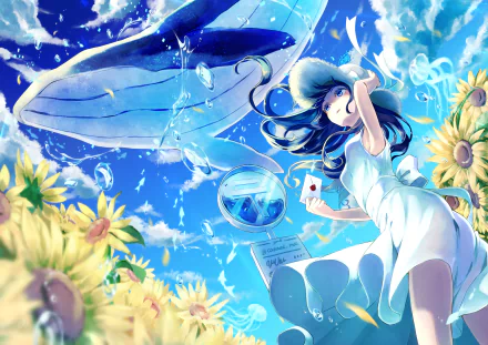 A vibrant 4K Ultra HD anime summer scene featuring a girl in a white dress surrounded by sunflowers and a large whale swimming through a bright, blue sky.
