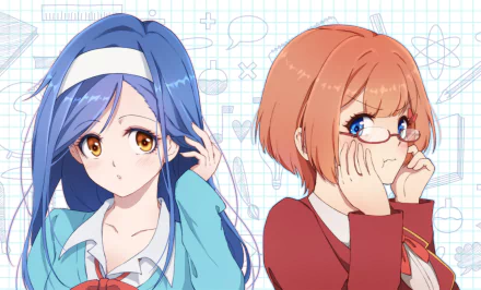 glasses blue eyes orange hair Rizu Ogata school uniform long hair brown eyes blue hair Fumino Furuhashi Bokutachi wa Benkyou ga Dekinai Anime We Never Learn HD Desktop Wallpaper | Background Image