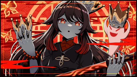 HD desktop wallpaper of Hu Tao from the video game Genshin Impact. The image features Hu Tao with a red and black color scheme, wielding a staff and surrounded by playful ghostly figures.