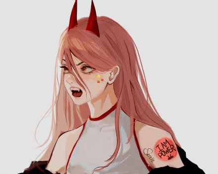 HD anime desktop wallpaper of Power from Chainsaw Man, featuring her distinctive red horns and sharp expression in vibrant, detailed artwork.