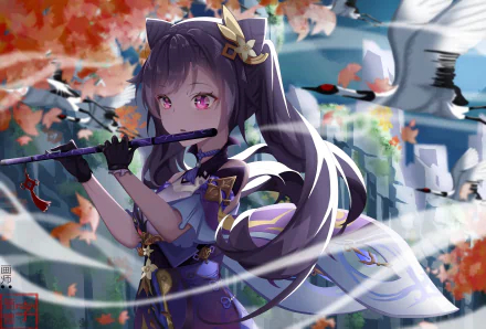 HD PC desktop wallpaper featuring Keqing from the video game Genshin Impact playing a flute amidst a vibrant, dynamic background with flowing petals and cranes.