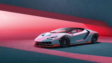 Silver Lamborghini Centenario supercar showcased in a sleek, modern setting with vibrant red and blue lighting, captured as a 4K Ultra HD PC desktop wallpaper.