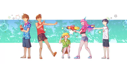 camera pink hair brown hair blonde shirt shorts sandal water gun OMORI Hero (Omori) Aubrey (Omori) Basil (Omori) Sunny (Omori) Kel (Omori) video game HD Desktop Wallpaper | Background Image