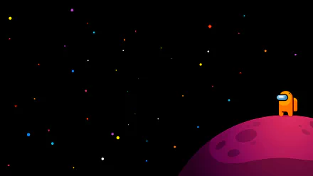 HD desktop wallpaper and background featuring a scene from the video game Among Us, with an orange crewmate standing on a pink planet against a starry black sky.